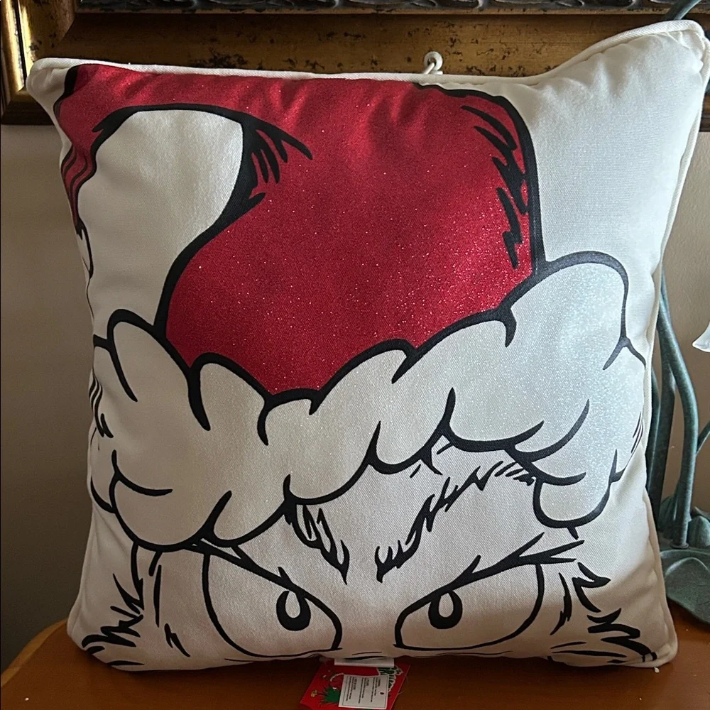 Festive Red and White Grinch Holiday Pillow